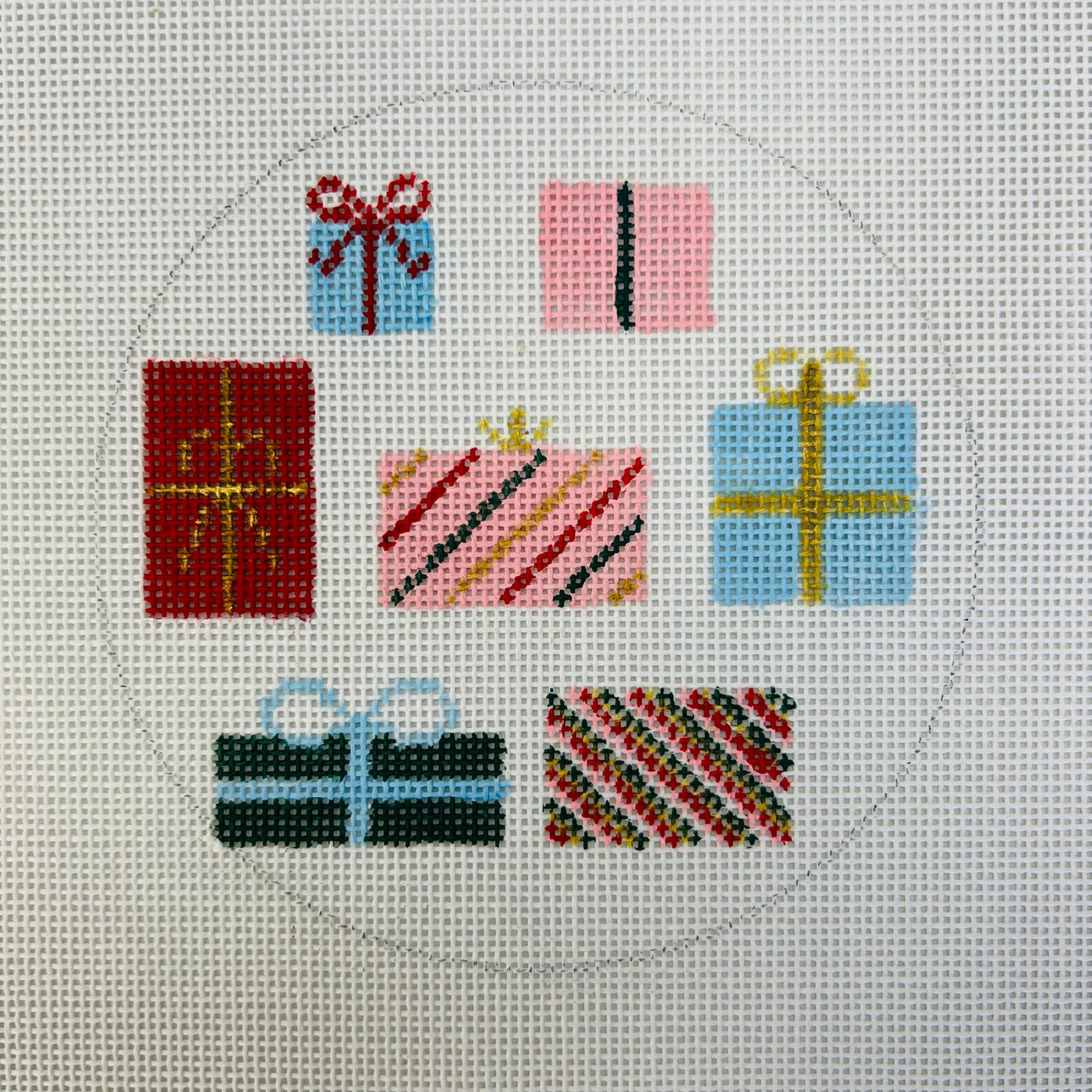 Presents Round Needlepoint Canvas - Christmas Collection with stitch guide