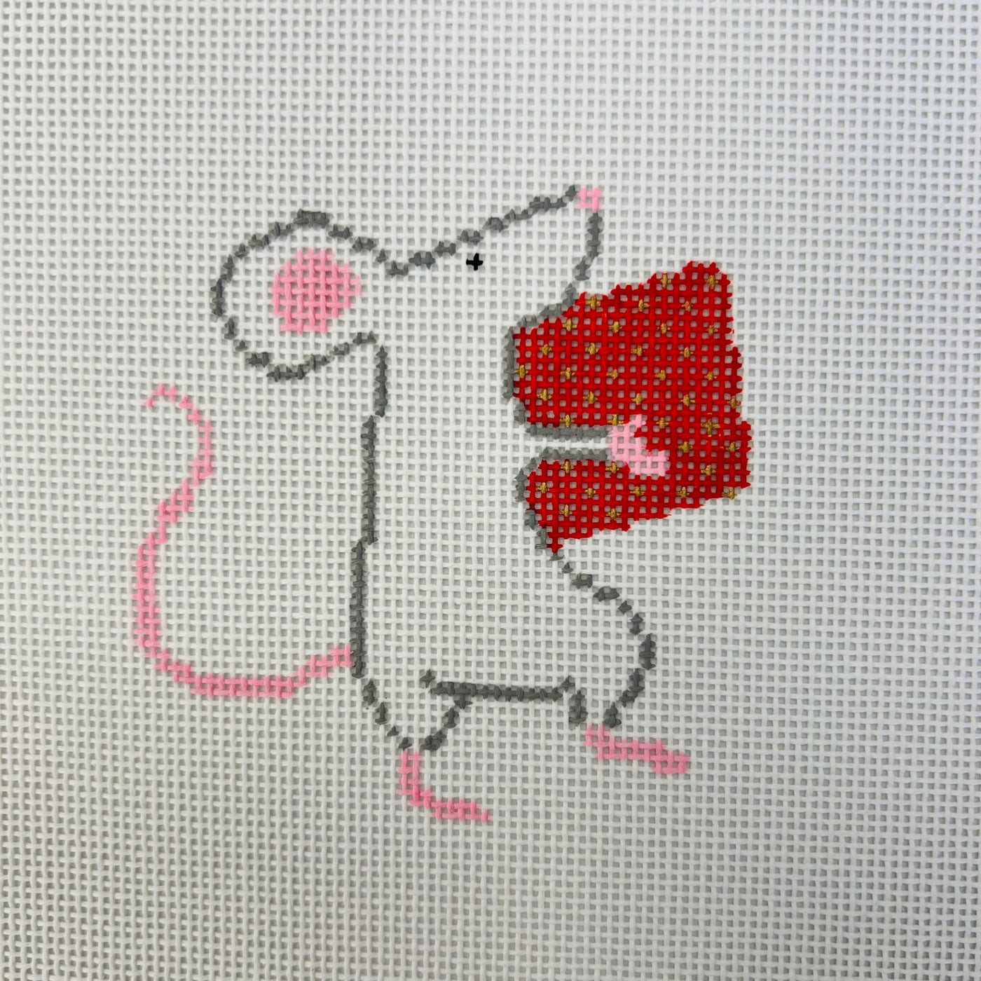 Mouse with Red Present Needlepoint Canvas - Christmas Collection with stitch guide