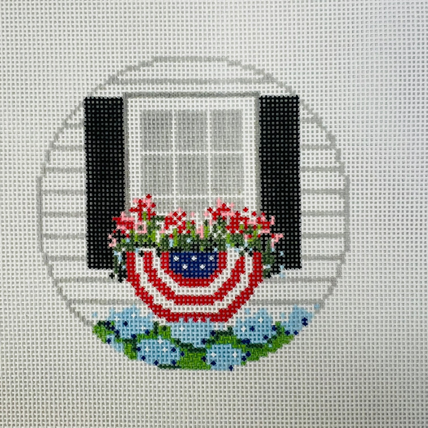 Patriotic Window with Bunting Needlepoint Canvas with stitch guide