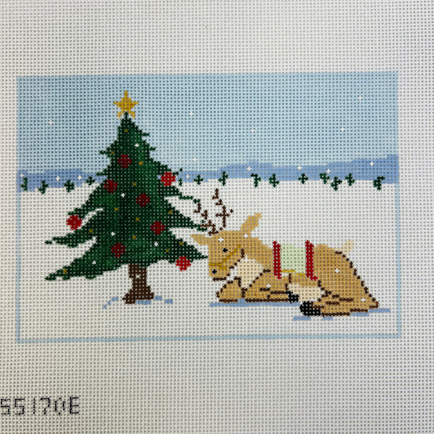 Reindeer Games Series Needlepoint Canvas - Reindeer and Tree with stitch guide