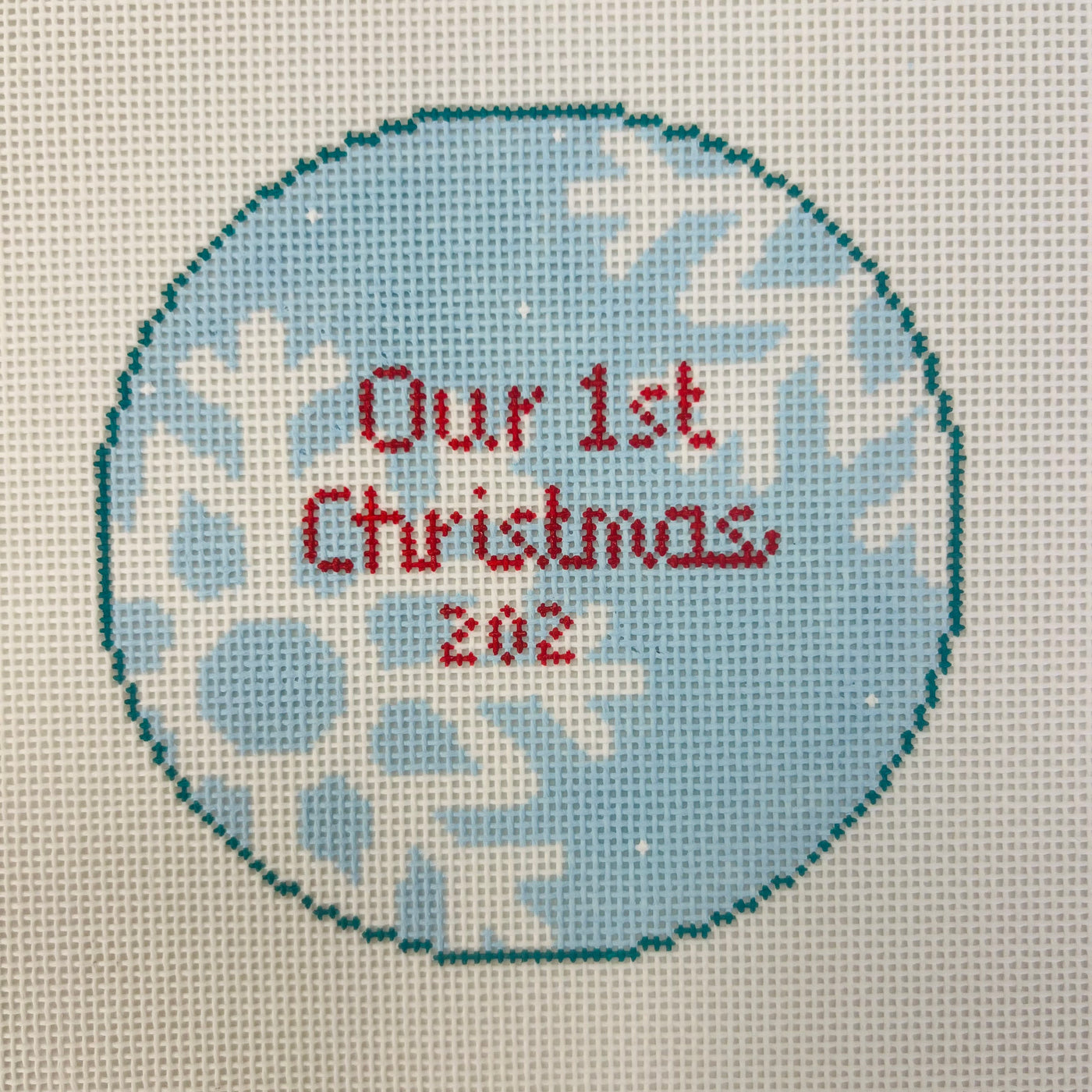 Our First Christmas Snowflake Needlepoint Ornament with stitch guide