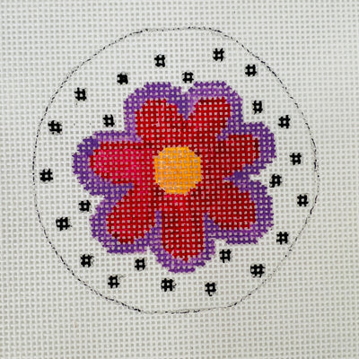 3" Round Red & Lavender Flower Needlepoint Canvas