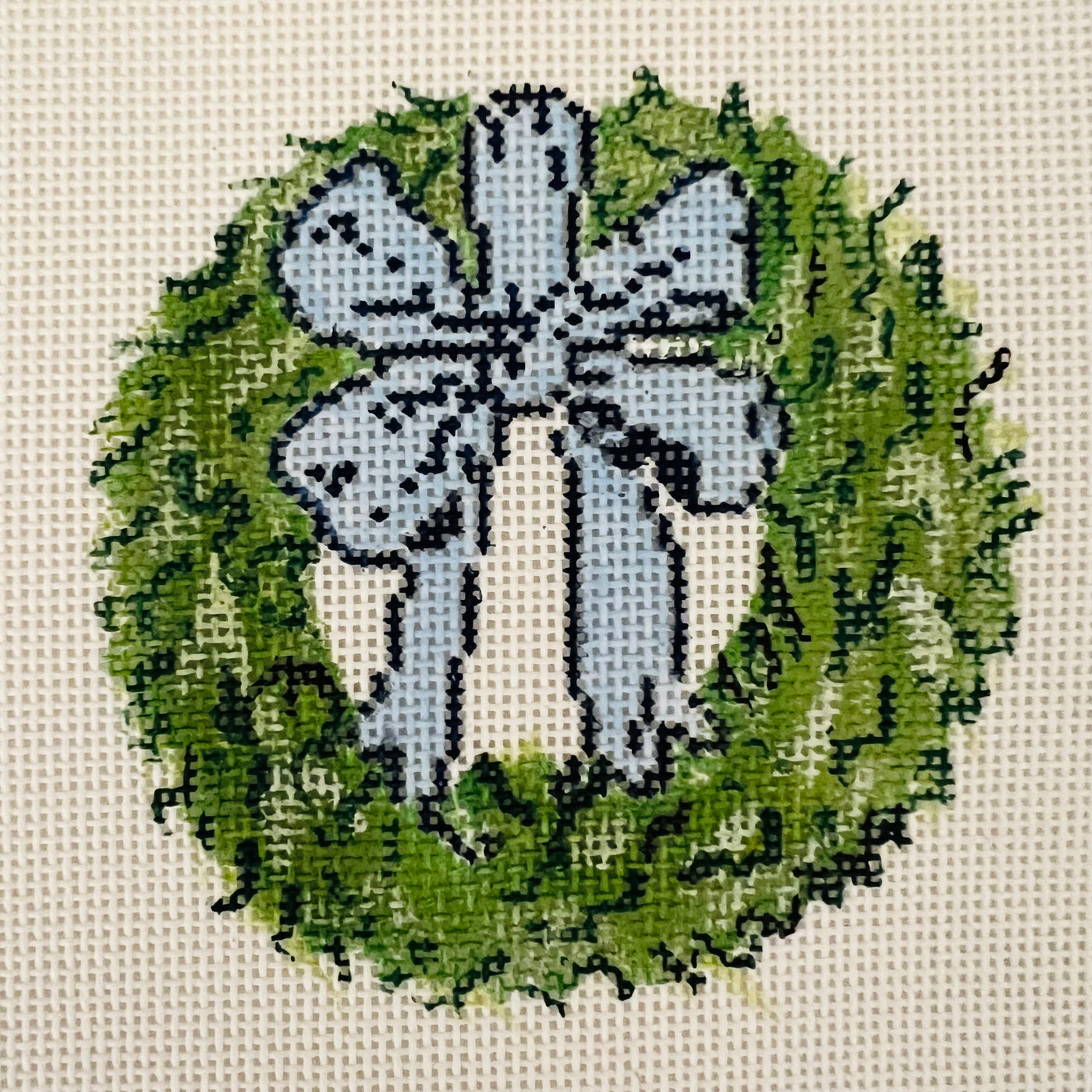 Wreath with Blue Bow Ornament Needlepoint Canvas