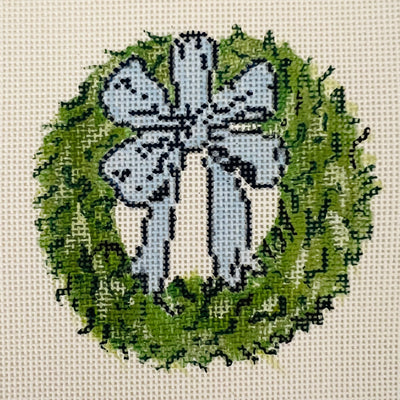 Wreath with Blue Bow Ornament Needlepoint Canvas