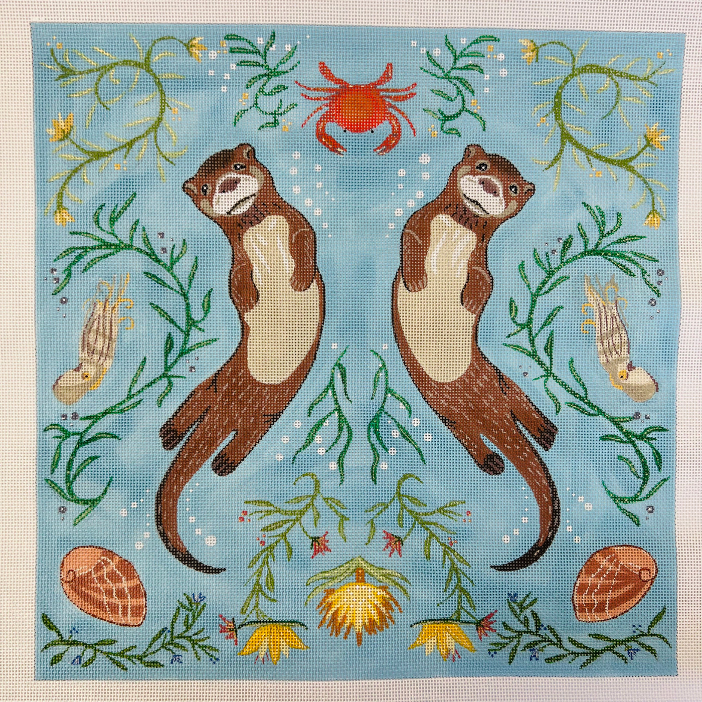 Otters with Botanicals Needlepoint Canvas