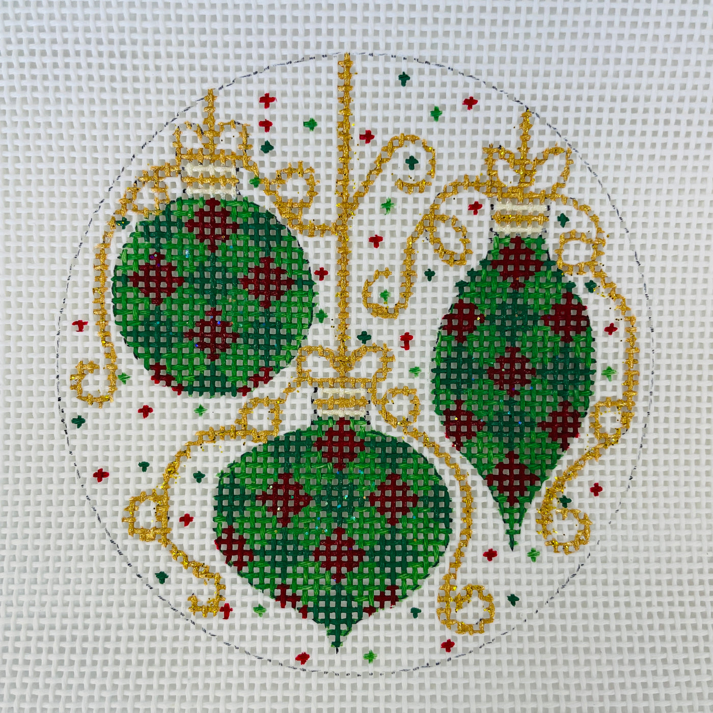 Green & Gold Baubles Ornament Needlepoint Canvas