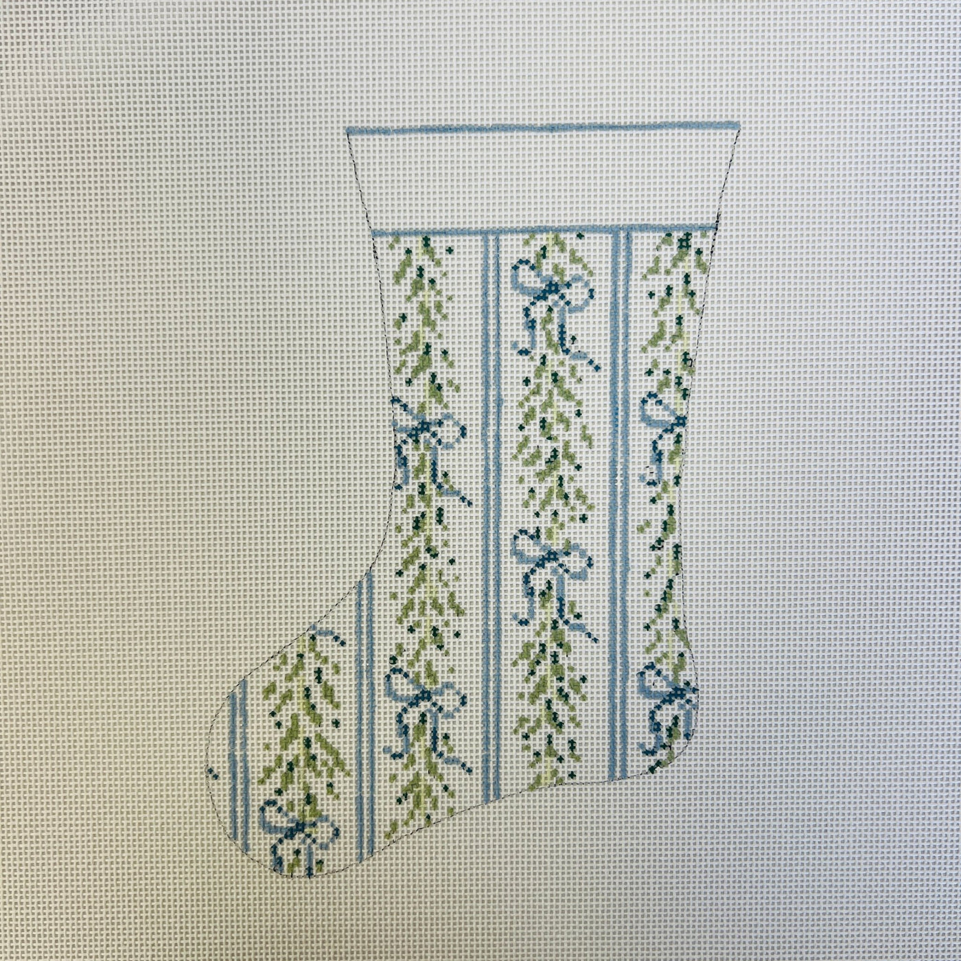 Blue Bow & Garland Mini Sock Ornament needlepoint canvas - Bargello Needlepoint