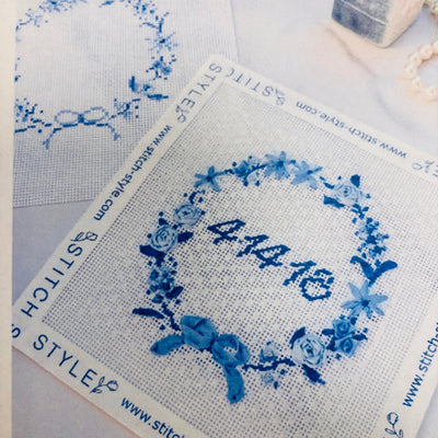 Blue Floral Wreath Needlepoint Canvas with stitch guide needlepoint canvas - Bargello Needlepoint