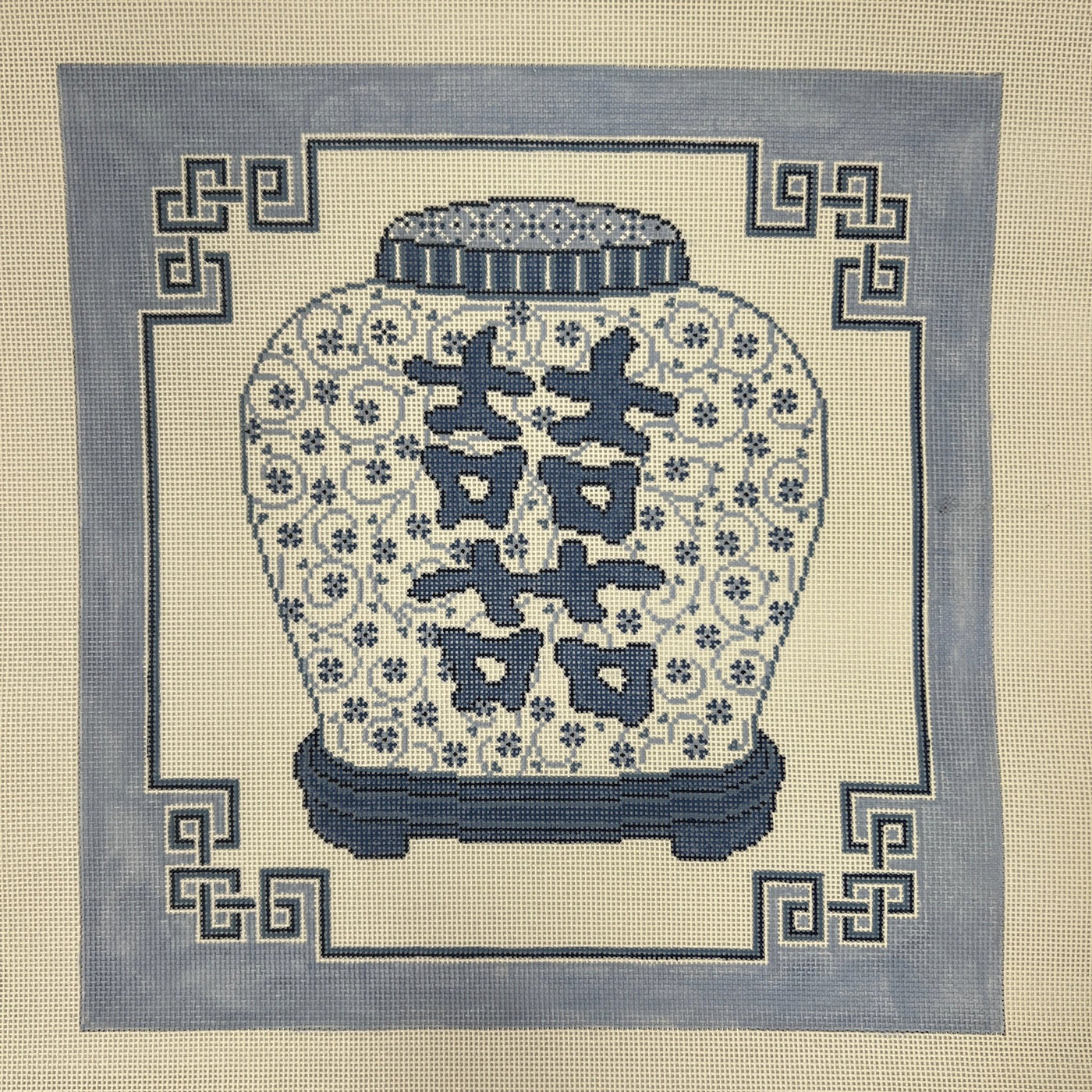 Blue & White Double Happiness Jar needlepoint canvas - Bargello Needlepoint