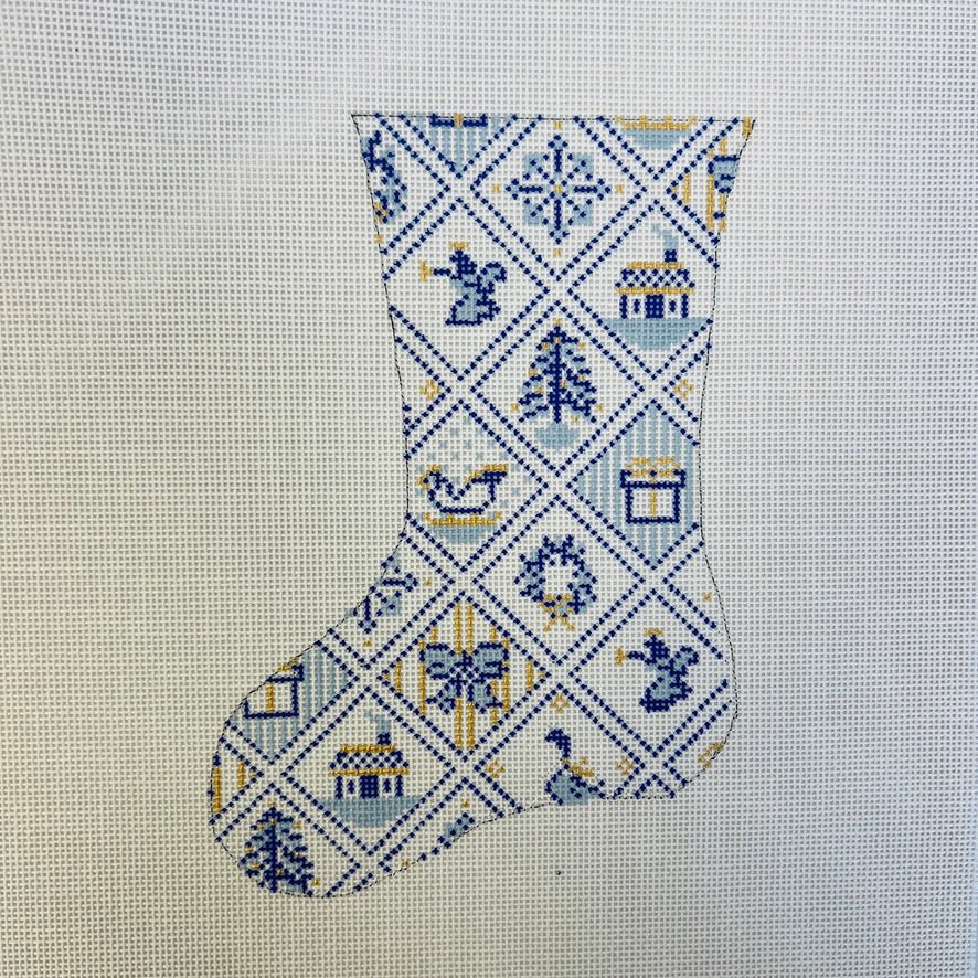 Blue & White Tiles Mini Stocking needlepoint canvas - Bargello Needlepoint