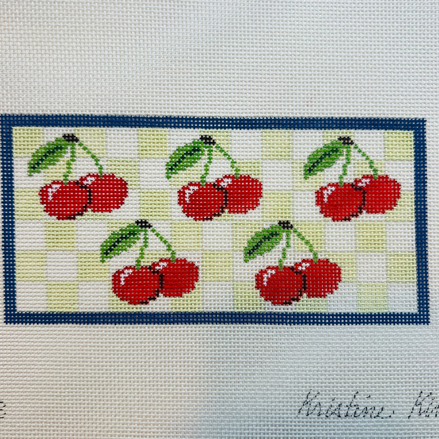 Cherries on Green Gingham needlepoint canvas - Bargello Needlepoint