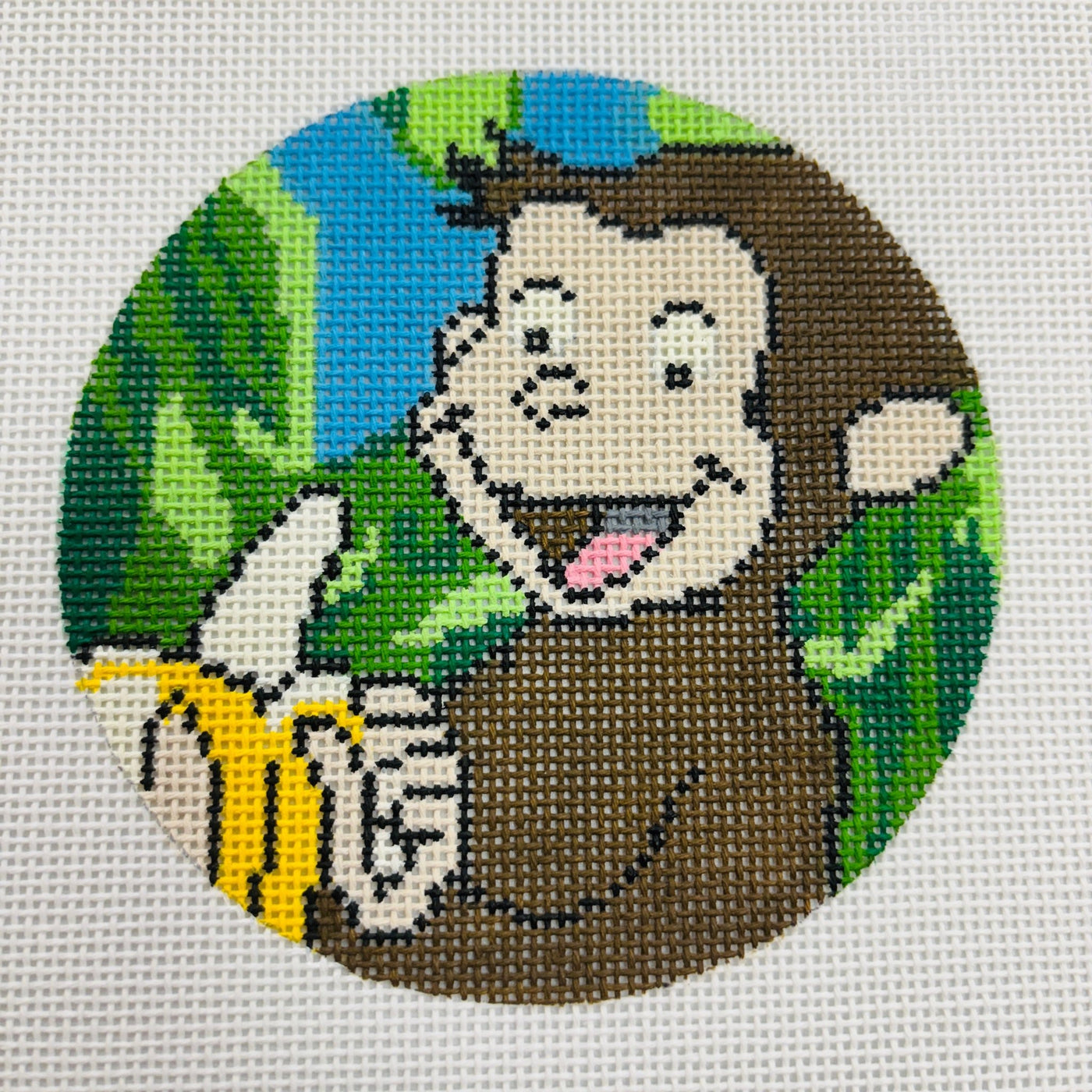 Curious George Round Ornament needlepoint canvas - Bargello Needlepoint