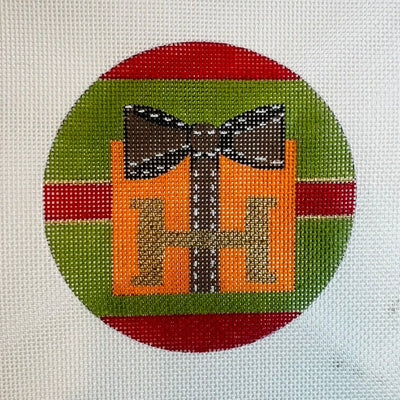 Designer Orange H Gift Box Ornament needlepoint canvas - Bargello Needlepoint
