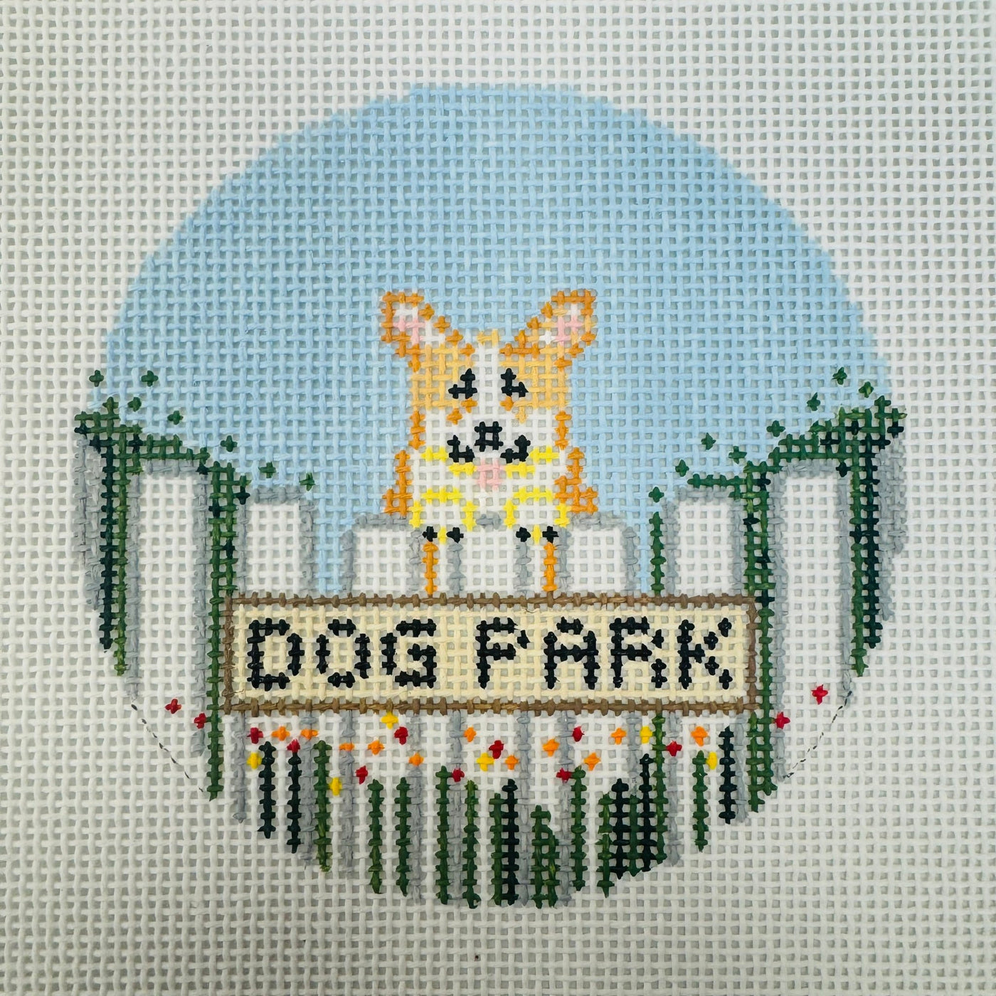 Dog Park Needlepoint Canvas Collection - Corgi with stitch guide needlepoint canvas - Bargello Needlepoint