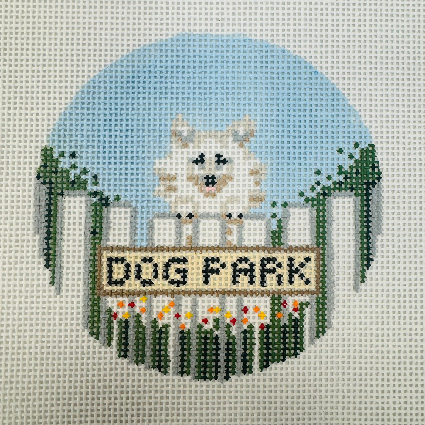 Dog Park Needlepoint Canvas Collection - Pomeranian with stitch guide needlepoint canvas - Bargello Needlepoint