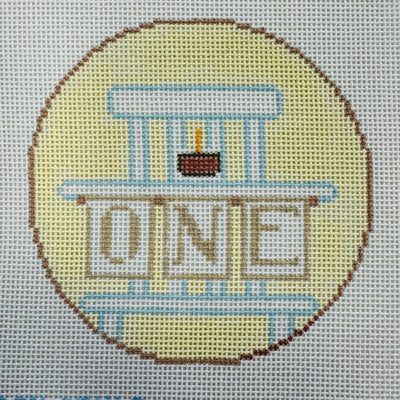 First Birthday Round Needlepoint Canvas - Blue with stitch guide needlepoint canvas - Bargello Needlepoint