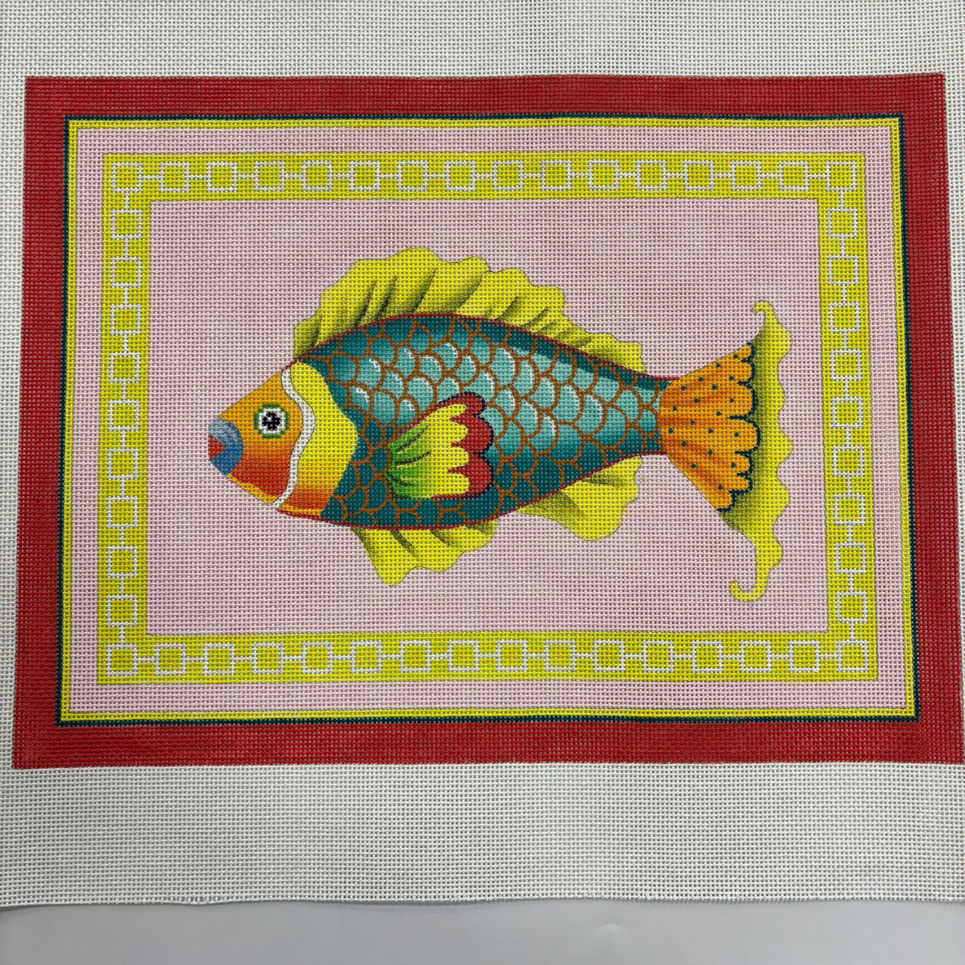 Fish on Pink with Red Border needlepoint canvas - Bargello Needlepoint