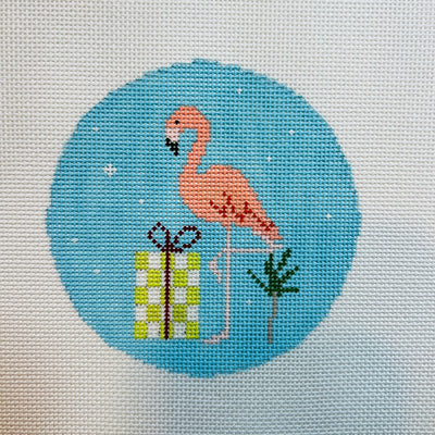 Flamingo with Checkered Present Ornament needlepoint canvas - Bargello Needlepoint