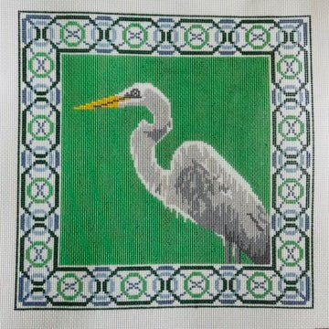 Framed Heron on Green needlepoint canvas - Bargello Needlepoint
