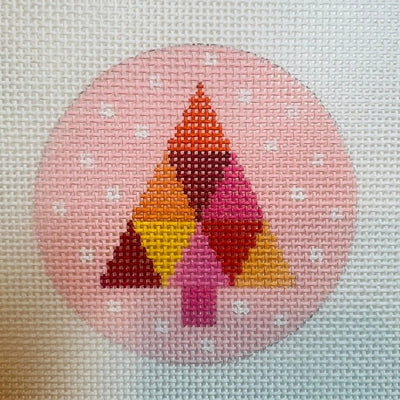 Multicolored Tree on Pink Round Ornament needlepoint canvas - Bargello Needlepoint