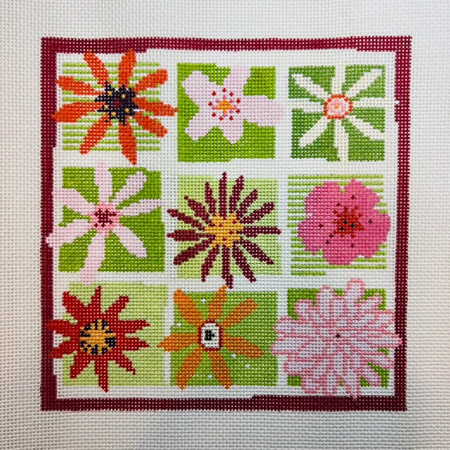 Nine Pink and Green Daisies needlepoint canvas - Bargello Needlepoint