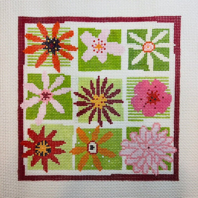 Nine Pink and Green Daisies needlepoint canvas - Bargello Needlepoint