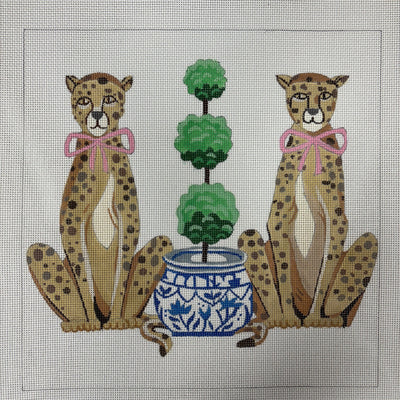 Pair of Cheetahs with Pink Bows needlepoint canvas - Bargello Needlepoint