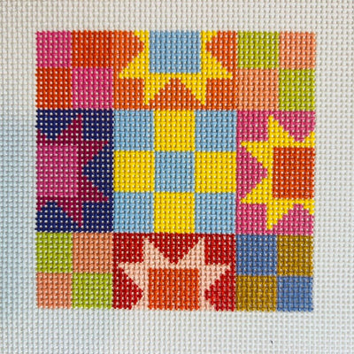 Patchwork Quilt (Blue Yellow Center) Coaster needlepoint canvas - Bargello Needlepoint