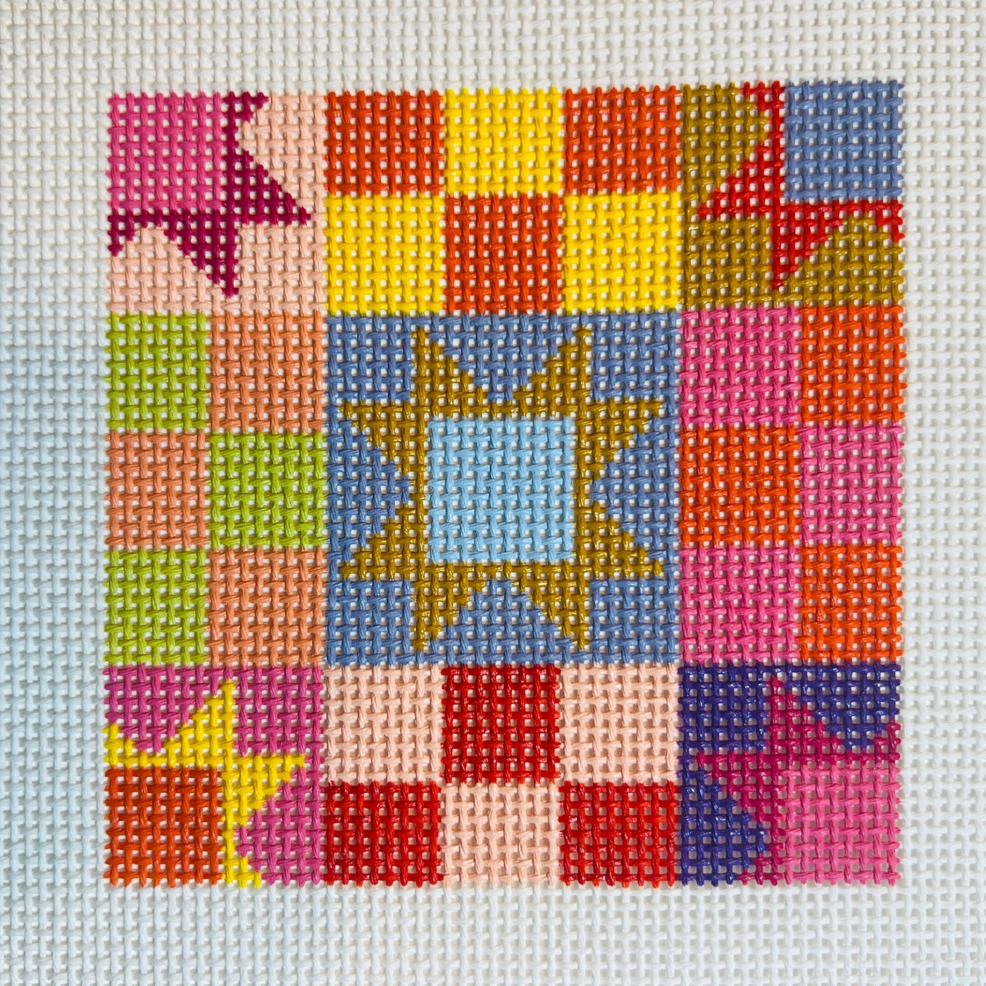 Patchwork Quilt (Gold Blue Center) Coaster (Copy) needlepoint canvas - Bargello Needlepoint