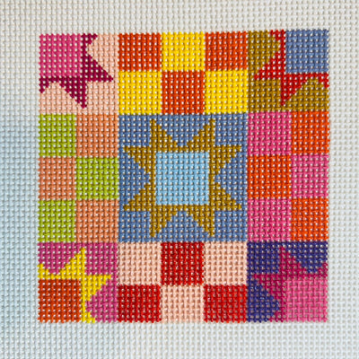 Patchwork Quilt (Gold Blue Center) Coaster (Copy) needlepoint canvas - Bargello Needlepoint