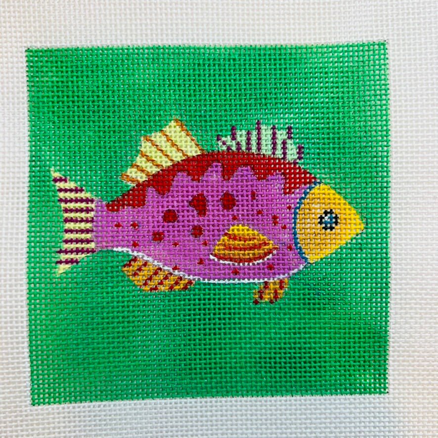 Pink Fish on Green Coaster needlepoint canvas - Bargello Needlepoint
