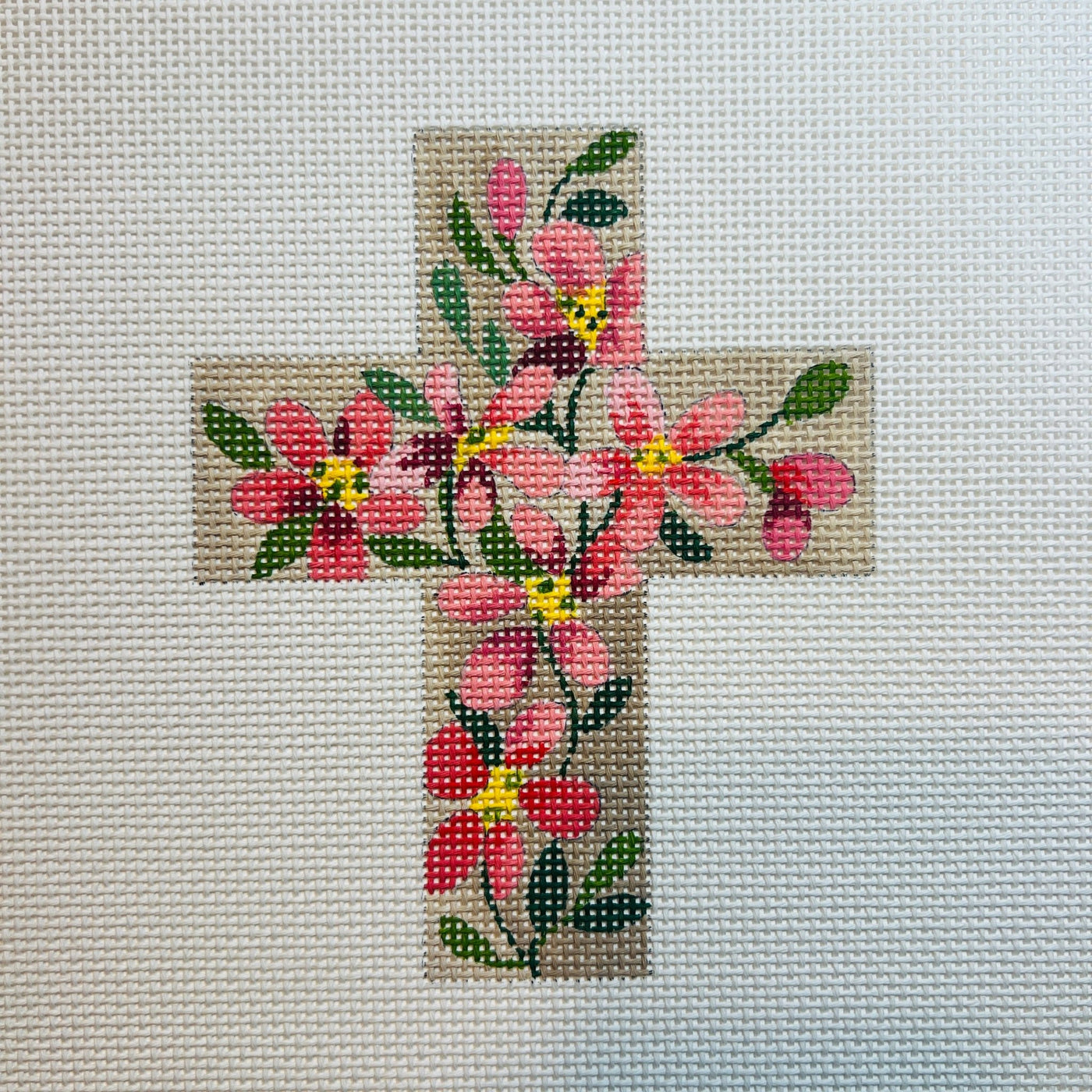 Pink Floral Cross needlepoint canvas - Bargello Needlepoint