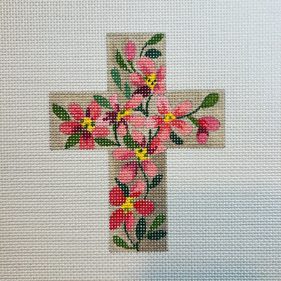 Pink Floral Cross needlepoint canvas - Bargello Needlepoint