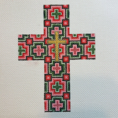 Pink & Green Geometrics Cross needlepoint canvas - Bargello Needlepoint