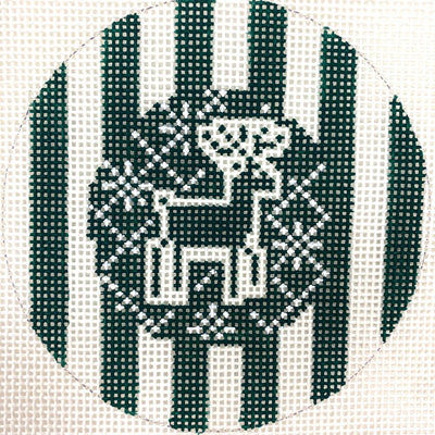 Reindeer Stripe Round Red Ornament needlepoint canvas - Bargello Needlepoint