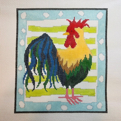 Rooster on Green and White Stripes needlepoint canvas - Bargello Needlepoint