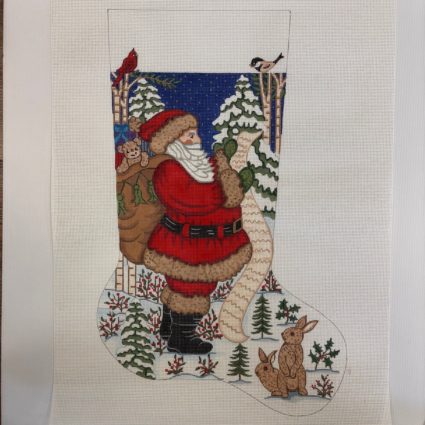Santa with Bunnies in the Forest Stocking needlepoint canvas - Bargello Needlepoint