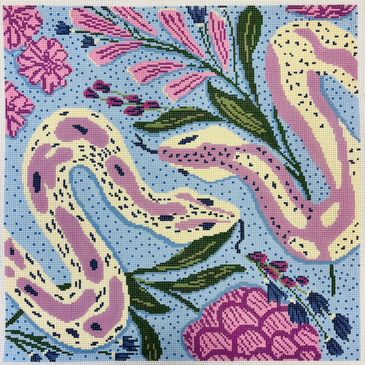 Serpents in the Garden on Blue needlepoint canvas - Bargello Needlepoint