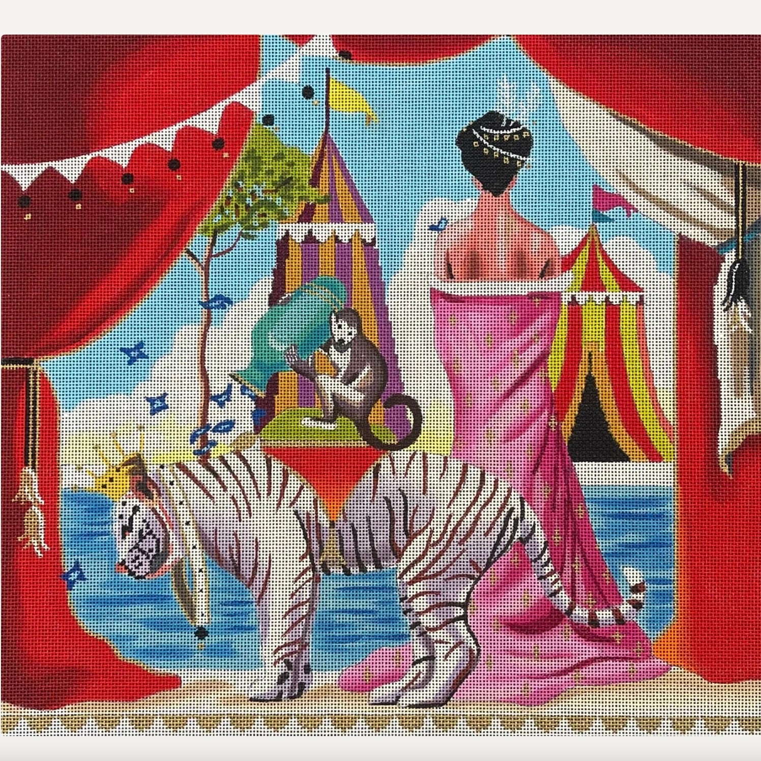 Siberian Tiger/Monkey/Lady/Tents Needlepoint Canvas – Bargello Needlepoint