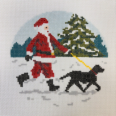 Sporty Santa - Dog Walking Santa (Black Lab) Ornament needlepoint canvas - Bargello Needlepoint