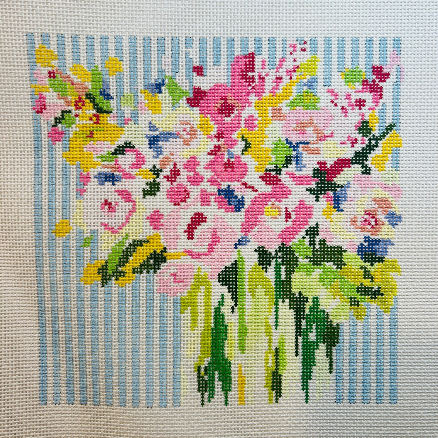 Spring Flowers on Blue Stripes needlepoint canvas - Bargello Needlepoint