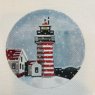 West Quoddy Light in Snow Round Ornament needlepoint canvas - Bargello Needlepoint