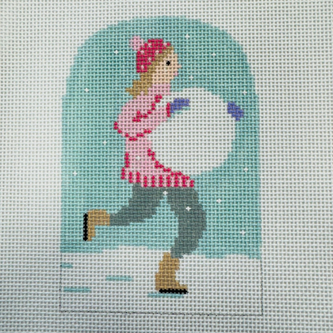Winter Village - Girl making Snowman with stitch guide needlepoint canvas - Bargello Needlepoint
