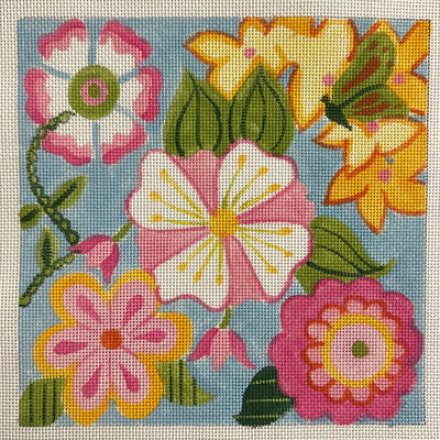 Pink Floral on Blue Needlepoint Canvas