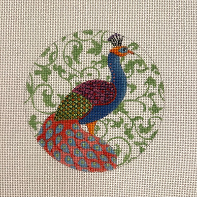 Blue Peacock on Green Ornament Needlepoint Canvas