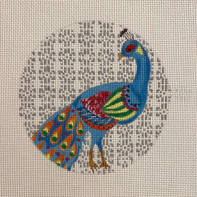 Turquoise Peacock on Gray Ornament Needlepoint Canvas