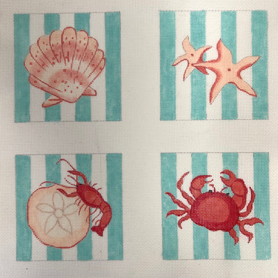 Shells & Crustaceans on Cabana Stripes Needlepoint Canvas