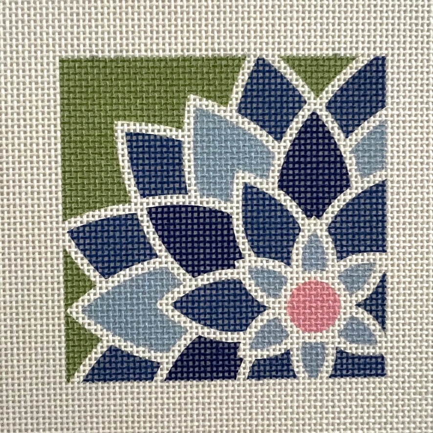 Square Blue Graphic Flower Needlepoint Canvas