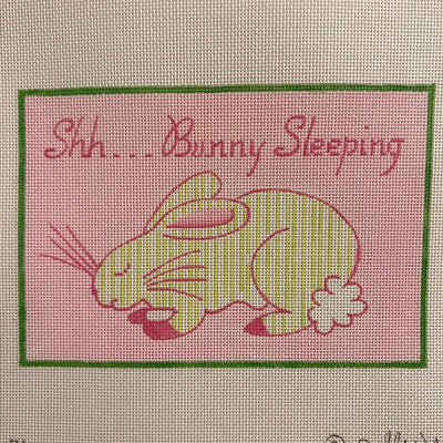 “Shh...Bunny Sleeping” Blue & Green Striped Bunny on pink Needlepoint Canvas