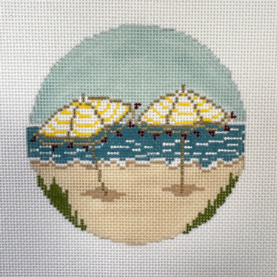 Yellow & White Beach Umbrellas Round Ornament/Insert Needlepoint Canvas